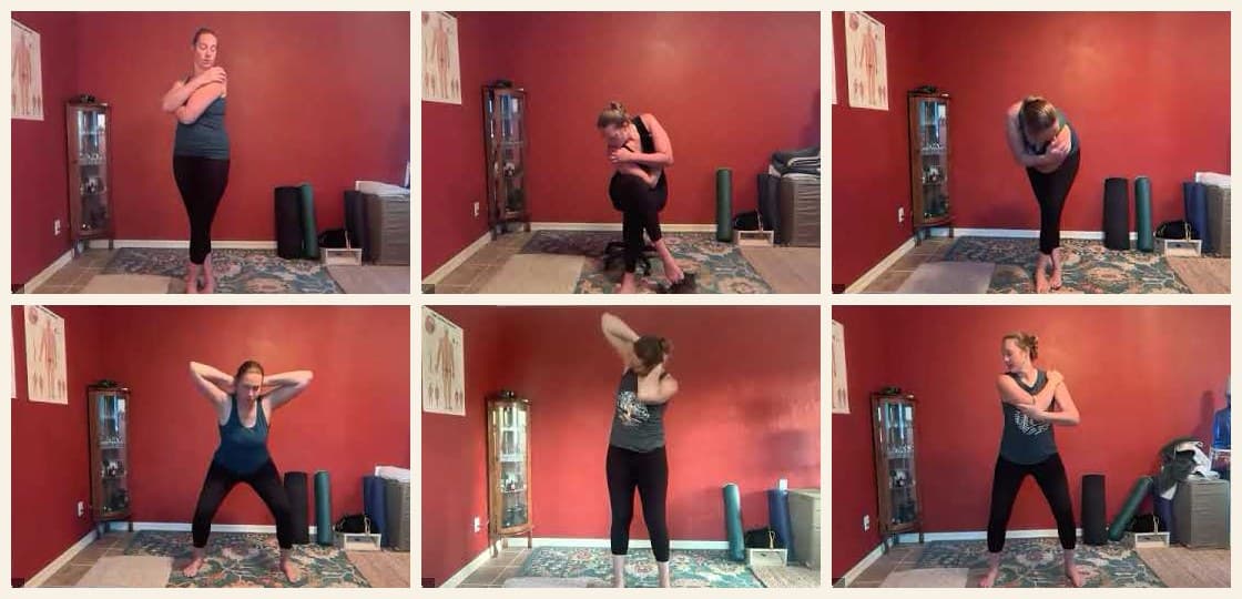 Six stills of Maria teaching Fascial Maneuvers from the 28-Day Stress Reset videos